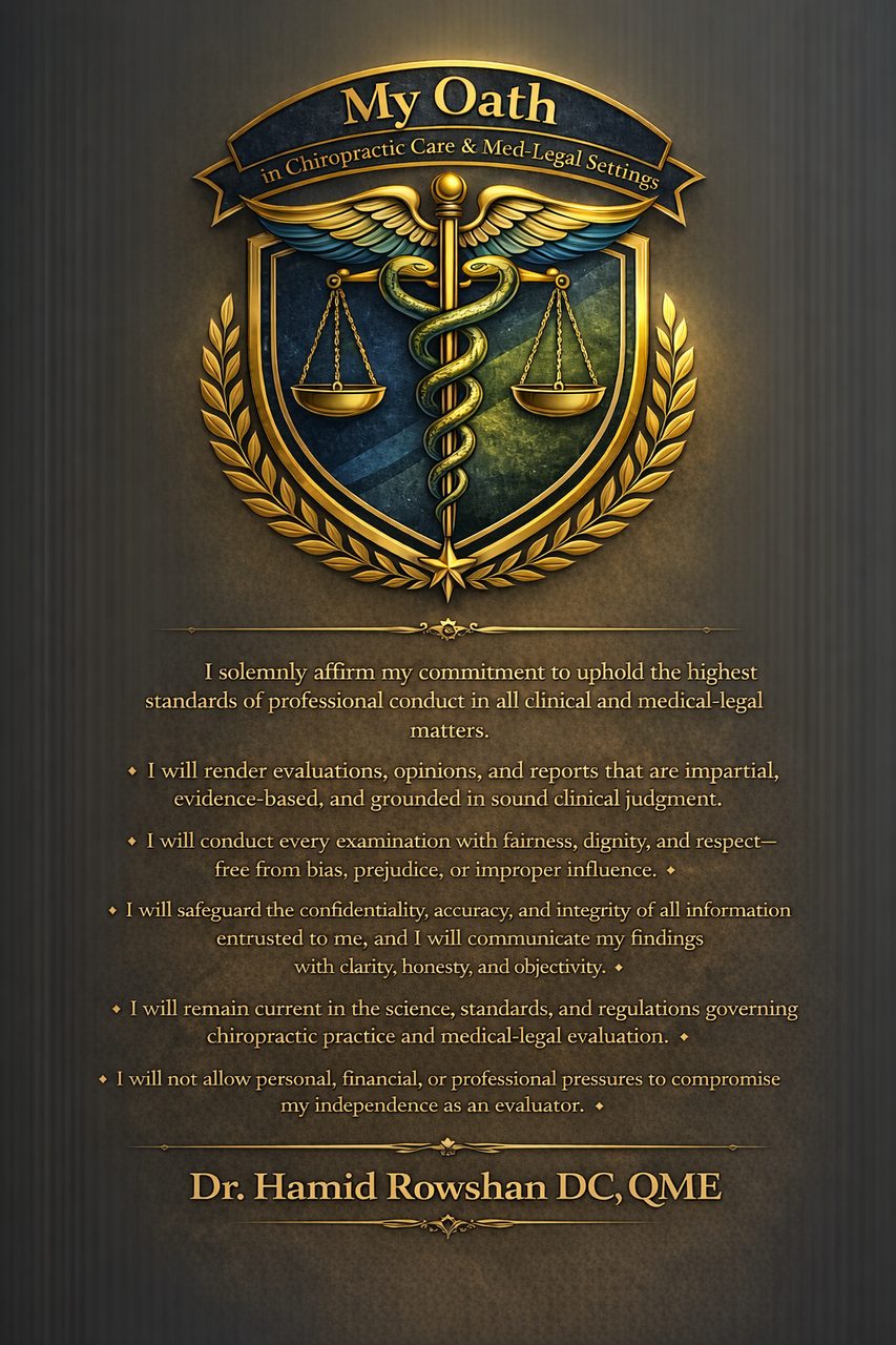 Professional oath imagery for Dr. Hamid Rowshan DC, QME